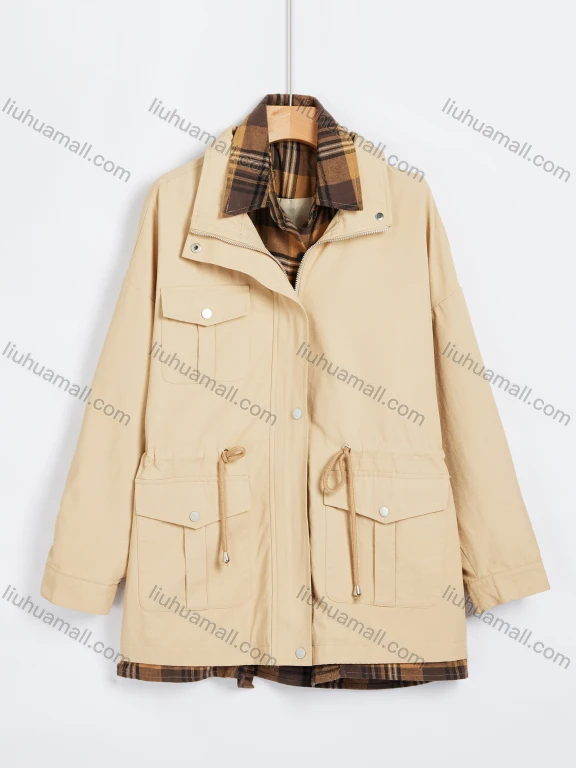 Wholesale Women's Casual Plain Splicing Plaid Drawstring Long Sleeve Flap Pockets Jacket 2024-3#