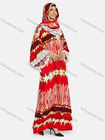 Wholesale Women's African Plus Size Batwing Sleeve Embroidery Tribal Print Maxi Kaftan Dress With Hijab LH-17-750D27#