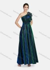 Wholesale Women's Gradient Slanted Shoulder Rhinestone Ruffle Trim Zip Back Ruffle Hem Maxi Evening Dress 002# - Liuhuamall