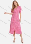 Wholesale Women's Casual Allover Print Ruched Ruffle Trim Button Decor V Neck Split Hem Midi Dress FL8070# - Liuhuamall