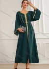 Wholesale Women's Muslim Islamic V Neck Arabic Dubai Embroidery Rhinestone Robe Abaya Dress BA7061# - Liuhuamall