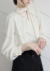 Wholesale Women's Elegant Keyhole Neck Bishop Sleeve Pearl Decor Ruched Plain Blouse 982674# - Liuhuamall