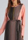 Wholesale Women's Long Sleeve Round Neck Zip Front Striped Splicing Maxi Dress With Belt - Liuhuamall