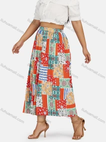 Wholesale Women's Boho Elastic Waist Folkloric Print Pleated Maxi Skirt, LIUHUA CLOTHING WHOLESALE