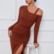 Women's Elegant Asymmetrical Neck Long Sleeve Slit Thign Drawstring Midi Dress Chocolate Clothing Wholesale Market -LIUHUA