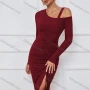 Wholesale Women's Elegant Asymmetrical Neck Long Sleeve Slit Thign Drawstring Midi Dress preview