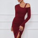 Women's Elegant Asymmetrical Neck Long Sleeve Slit Thign Drawstring Midi Dress Wine Clothing Wholesale Market -LIUHUA