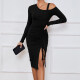 Women's Elegant Asymmetrical Neck Long Sleeve Slit Thign Drawstring Midi Dress Black Clothing Wholesale Market -LIUHUA