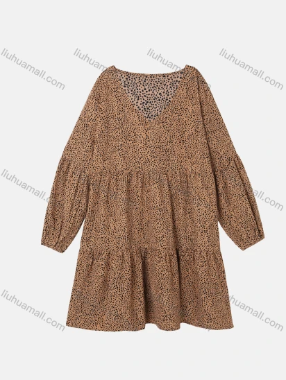 Wholesale Women's V Neck Long Sleeve Leopard Print Ruffle Hem Smock Dress