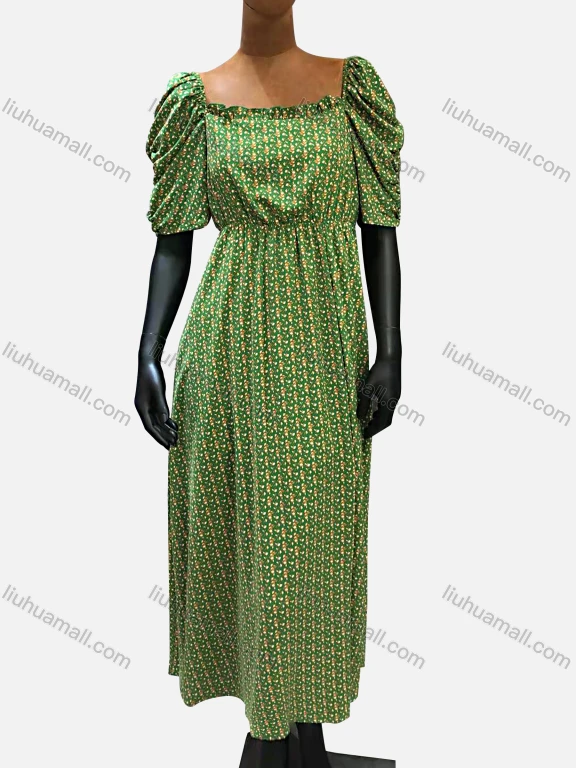 Wholesale Women's Casual Chiffon Square Neck Puff Sleeve Ditsy Floral Peplum Maxi Dress