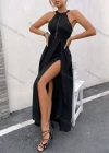 Wholesale Women's Laec Hollow Out Side Split Zip Back Halter Maxi Cocktail Dress - Liuhuamall