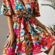 Wholesale Women's Summer Elegant Wrap V Neck Floral Print Short Sleeve Ruched Short Dress With Belt Rose Red Clothing Wholesale Market Liuhua
