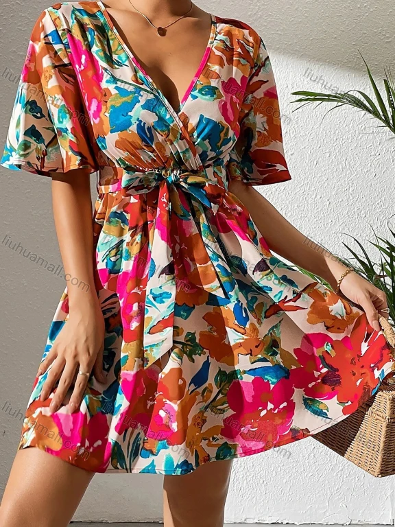 Wholesale Women's Summer Elegant Wrap V Neck Floral Print Short Sleeve Ruched Short Dress With Belt