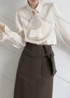 Wholesale Women's Elegant Jabot Collar Poet Sleeve Button Down Plain Ruched Shirts 561280# - Liuhuamall