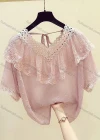 Wholesale Women's Short Sleeve Loose Flower Guipure Lace V Neck Chiffon Top - Liuhuamall