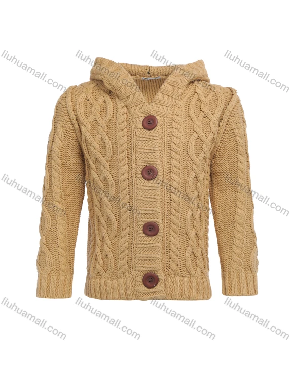 Wholesale Kids Wool Long Sleeve Hooded Button Front Cable Knit Sweater Cardigan