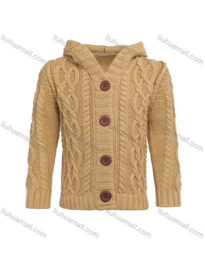 Wholesale Kids Wool Long Sleeve Hooded Button Front Cable Knit Sweater Cardigan