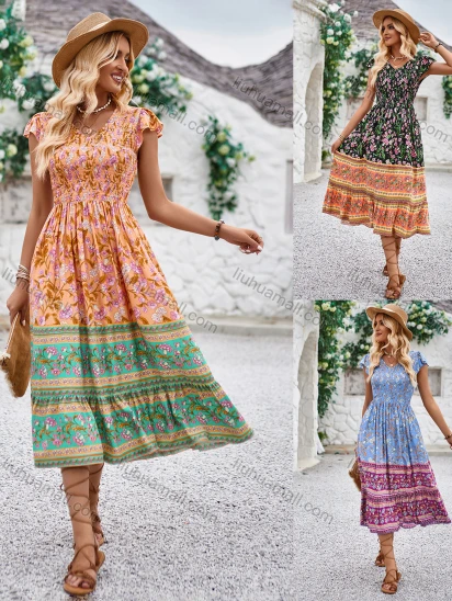 Wholesale Women's Boho Allover Floral Print Shirred Ruched V Neck Cap Sleeve Midi Dress