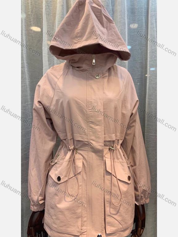 Wholesale Women's Casual Long Sleeve Double Flap Pockets Drawstring Waist Hooded Trench Coat