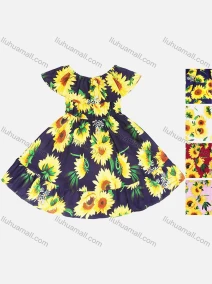 Wholesale Girls Causal Off Shoulder Short Sleeve Ruffle Trim Floral Print Dress, LIUHUA CLOTHING WHOLESALE