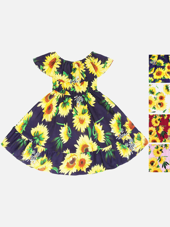 Girls Causal Off Shoulder Short Sleeve Ruffle Trim Floral Print Dress, Clothing Wholesale Market -LIUHUA, Kids-Babies