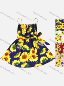 Wholesale Girls Causal Square Neck Sleeveless Floral Print Dress With Belt, LIUHUA CLOTHING WHOLESALE