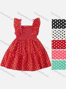 Wholesale Girls Causal Square Neck Sleeveless Ruffle Trim Dot Print Dress, LIUHUA CLOTHING WHOLESALE