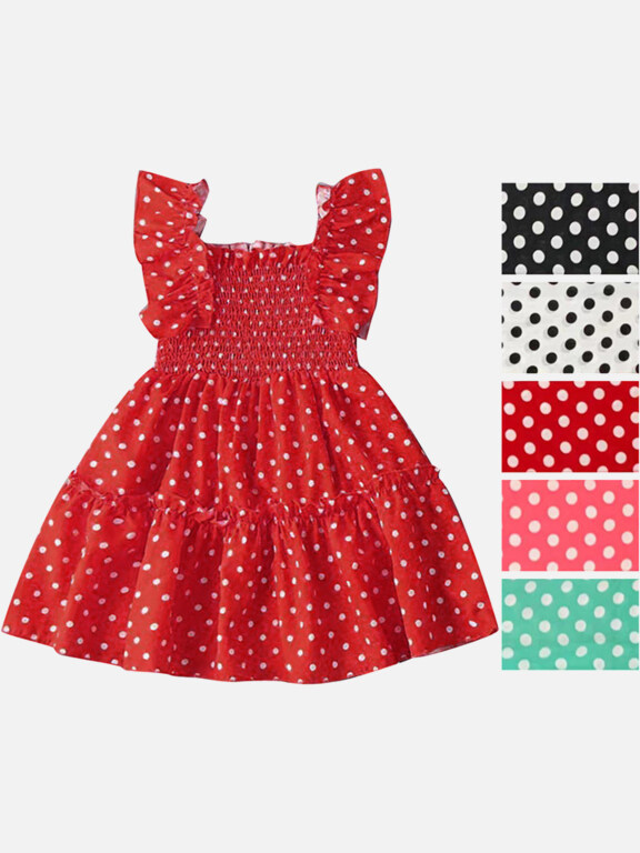Girls Causal Square Neck Sleeveless Ruffle Trim Dot Print Dress, Clothing Wholesale Market -LIUHUA, Kids-Babies
