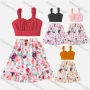 Wholesale Girls Casual Ruffle Trim Tie Plain Tank Top & Elastic Waist Floral Print Skirt Sets preview