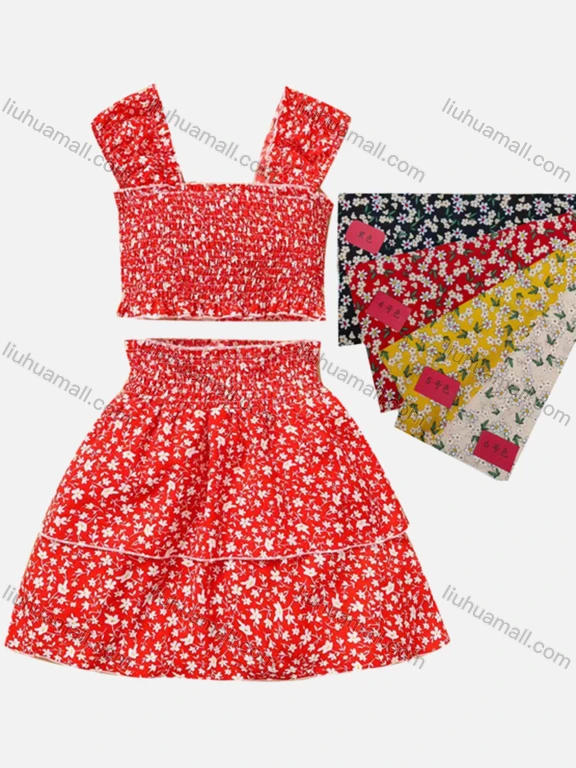 Wholesale Girls Casual Ruched Allover Print Tank Top & Elastic Waist Skirt Sets