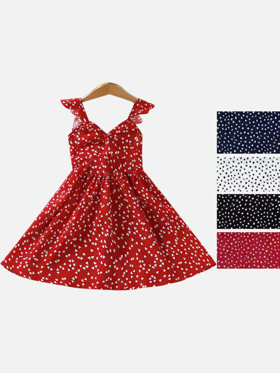 Girls Causal Ruffle Trim V Neck Sleeveless Allover Print Dress, Clothing Wholesale Market -LIUHUA, Kids-Babies