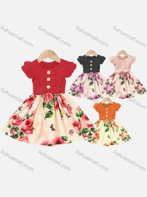 Wholesale Girls Causal Ruffle Sleeve Round Neck Button Decor Floral Print Dress, LIUHUA CLOTHING WHOLESALE