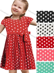 Wholesale Girls Causal Crew Neck Cap Sleeve Polka Dot Dress With Belt, LIUHUA CLOTHING WHOLESALE