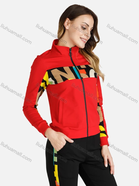 Wholesale Women's Slim Fit Stand Collar Letter Graphic Zip Up Active Casual Jacket