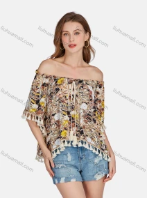 Wholesale Women's Casual Vintage Off Shoulder Allover Print Half Sleeve Tassel Blouse E3282#, LIUHUA CLOTHING WHOLESALE
