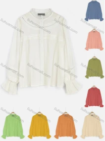 Wholesale Women's Vintage Eyelet Embroidered Swiss Dot Poet Sleeve Ruffle Hem Blouse, LIUHUA CLOTHING WHOLESALE