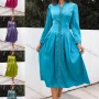 Wholesale Women's Elegant Plain V Neck Long Sleeve Embroidery Pearl Trim Midi Dress N2122# preview