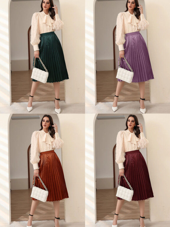 Women's Elegant Elastic Waist Plain Satin A-Line Pleated Knee Length Skirt SDY01#, Clothing Wholesale Market -LIUHUA, WOMEN, Pants-Trousers