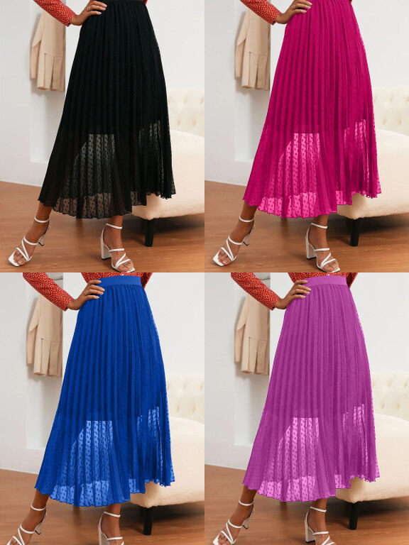 Women's Elegant Plain Elastic Waist Flocked Mesh Swiss Dot Pleated Midi Skirt AI005-1#, Clothing Wholesale Market -LIUHUA, WOMEN, Pants-Trousers