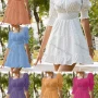 Wholesale Women's Square Neck Lace Up Hollow Out Shirred Eyelet Lace Bishop Sleeve Ruffle Trim Short Dress AY04# preview