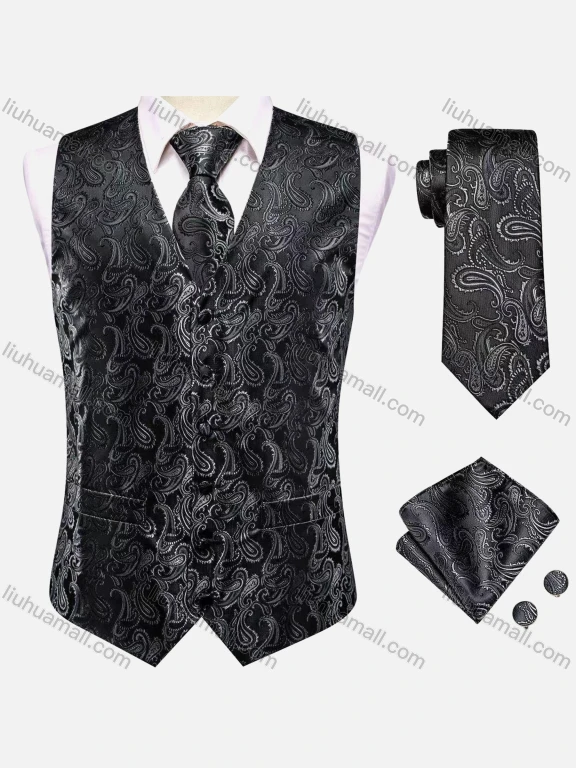Wholesale Men's Formal Paisley Print Silky Waistcoat With Necktie & Kerchief & Cufflinks 4-piece Set