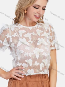 Wholesale Women's Sexy Butterfly Embroidery Semi-sheer Petal Hem Round Neck Crop Blouse, LIUHUA CLOTHING WHOLESALE