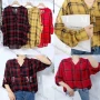 Wholesale Women's Notched Collar Quarter Button Long Sleeve Pullover Plaid Print Blouse 1105# preview