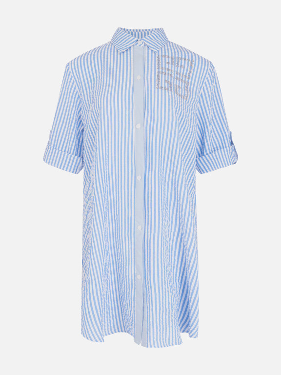 Women's Casual Shirt Collar Roll Sleeve Button Down Striped Rhinestone Print Shirt Dress, Clothing Wholesale Market -LIUHUA, Dress%20Shirts