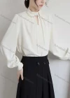 Wholesale Women's Elegant Keyhole Neck Bishop Sleeve Pearl Decor Ruched Plain Blouse 982674# - Liuhuamall