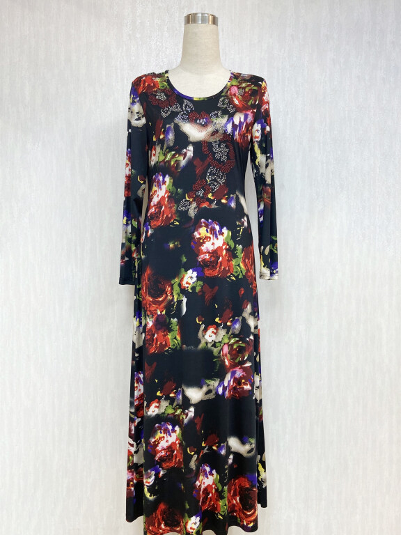  Women's Elegant Slim Floral Print Rhinestone Maxi Dress, Clothing Wholesale Market -LIUHUA, Floral%20Dress