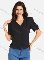 Wholesale Women's Casual Plain V Neck Buttons Down Puff Sleeve Blouse, LIUHUA CLOTHING WHOLESALE