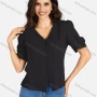 Wholesale Women's Casual Plain V Neck Buttons Down Puff Sleeve Blouse preview