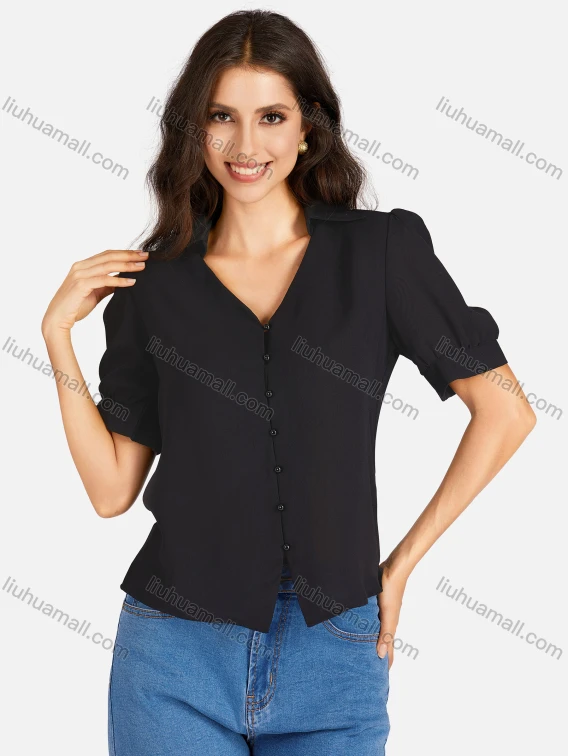 Wholesale Women's Casual Plain V Neck Buttons Down Puff Sleeve Blouse, Guangzhou Clothing Wholesale Market & Suppliers - LIUHUAMALL, Women