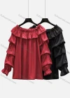 Wholesale Women's Causal Round Neck Layered Sleeve Ruffle Hem Plain Blouse - Liuhuamall